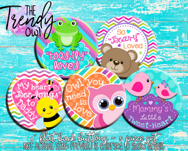 "Loved Animal Sayings - Valentine's Day" 1" Flat Back Buttons - 5pc