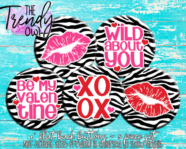 "Wild Zebra Print - Valentine's Day" 1" Flat Back Buttons - 5pc