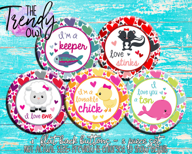 "Valentine Animals - Valentine's Day" 1" Flat Back Buttons - 5pc