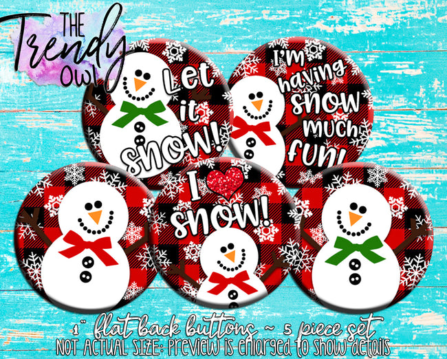 "Buffalo Plaid Snowmen" 1" Flat Back Buttons - 5pc