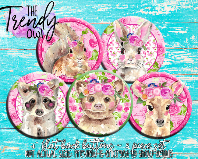"Spring Floral Animals" 1" Flat Back Buttons - 5pc
