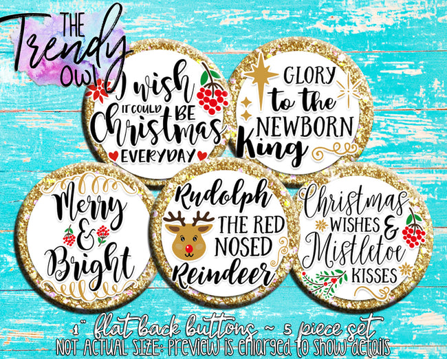 "Gold Glitter Christmas" 1" Flat Back Buttons - 5pc