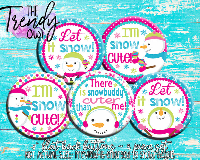 "Snow Cute" 1" Flat Back Buttons - 5pc