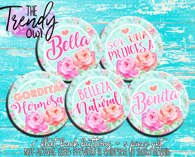 "Spanish Girly Sayings" 1" Flat Back Buttons - 5pc