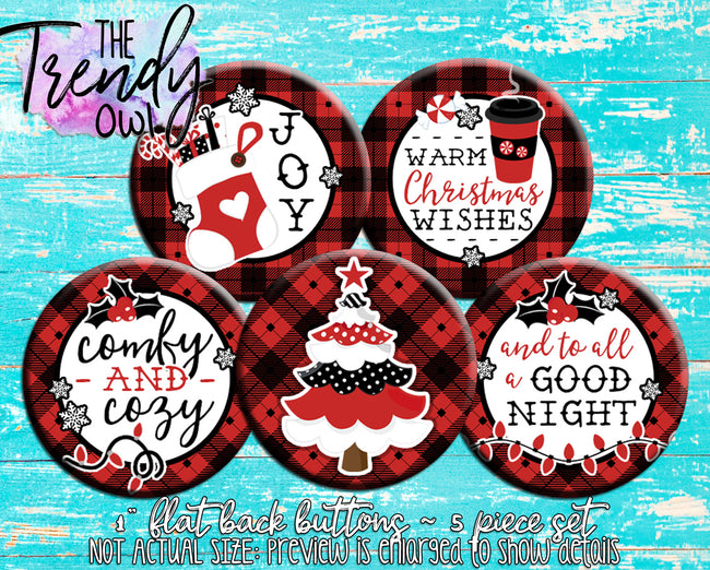 "Plaid Christmas" 1" Flat Back Buttons - 5pc