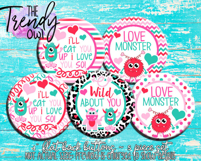 "Love Monster - Valentine's Day" 1" Flat Back Buttons - 5pc