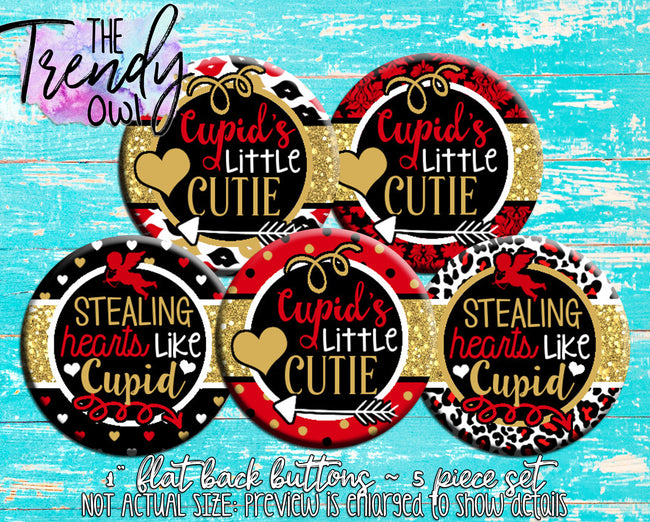 "CUPID Red/Black/Gold - Valentine's Day" 1" Flat Back Buttons - 5pc