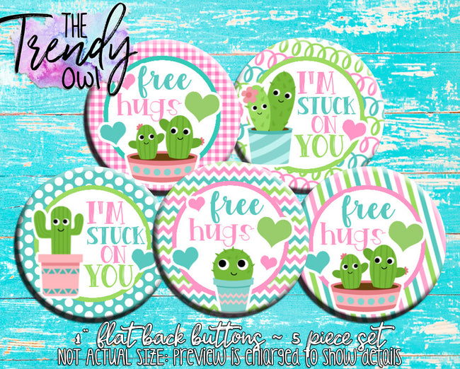 "Cactus - Valentine's Day" 1" Flat Back Buttons - 5pc