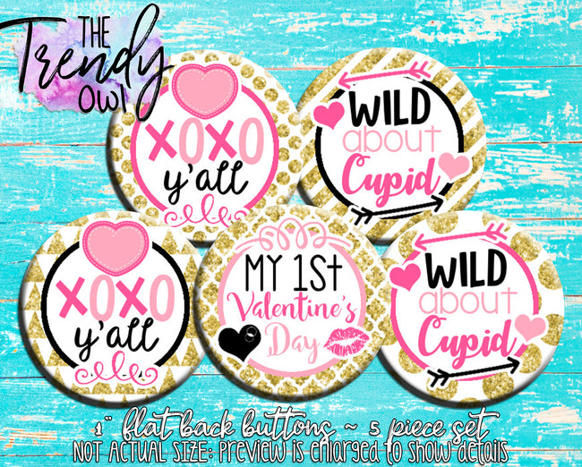 "CUPID Pink & Gold - Valentine's Day" 1" Flat Back Buttons - 5pc
