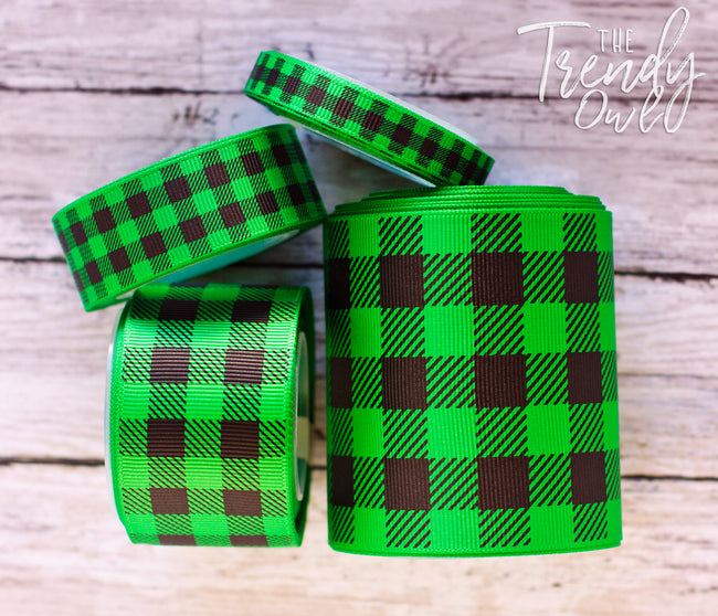 3/8", 7/8", 1.5", & 3" Buffalo Plaid on Emerald Green  - 5yd Roll