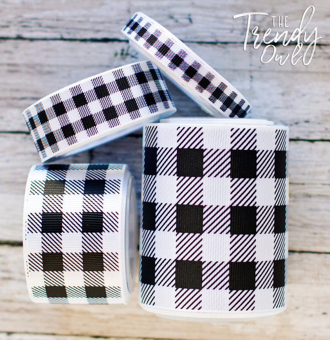 3/8", 7/8", 1.5", & 3" Buffalo Plaid on White  - 5yd Roll