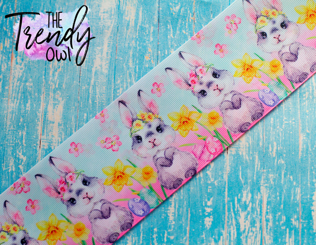 7/8", 1.5" & 3" Easter Bunny & Flowers (blue/pink) - Double Sided Heat Transfer - BY THE YARD