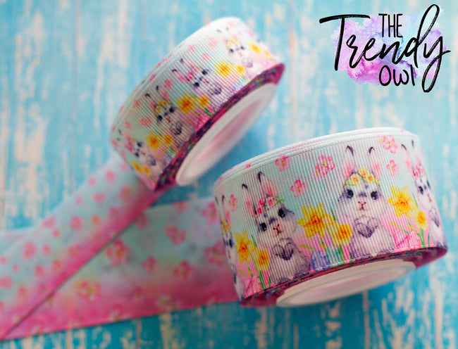 7/8", 1.5" & 3" Easter Bunny & Flowers (blue/pink) - Double Sided Heat Transfer - BY THE YARD