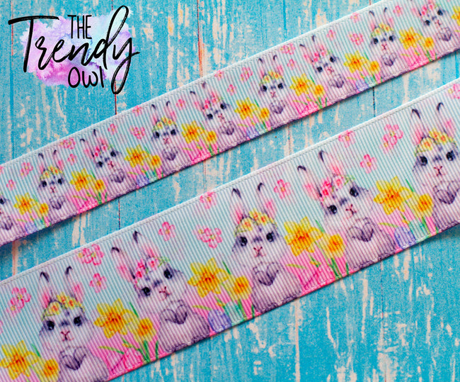 7/8", 1.5" & 3" Easter Bunny & Flowers (blue/pink) - Double Sided Heat Transfer - BY THE YARD
