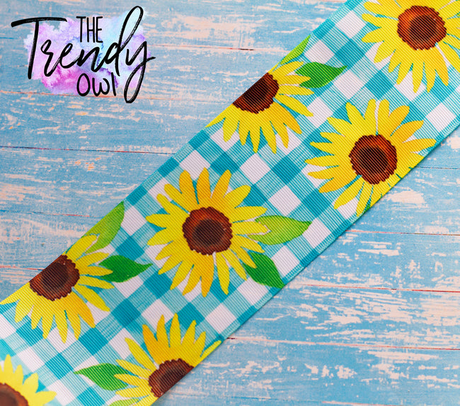 7/8", 1.5" & 3" Sunflowers on Blue Gingham - Single Sided Heat Transfer - BY THE YARD
