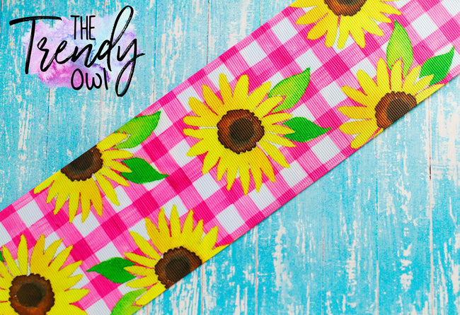 1.5" & 3" Sunflowers on Pink Gingham - Single Sided Heat Transfer - BY THE YARD