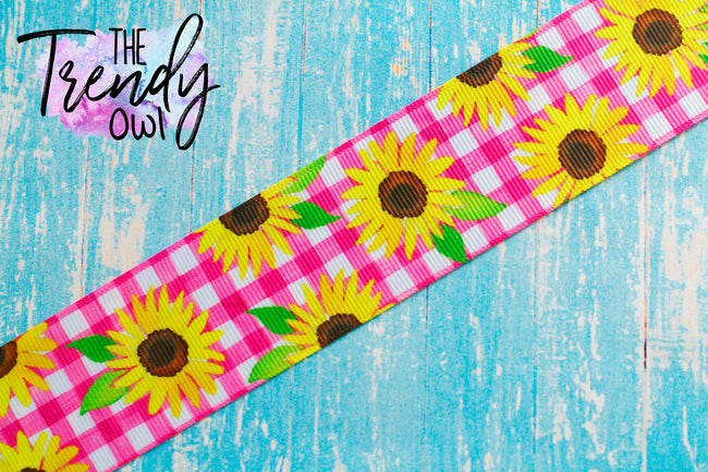 1.5" & 3" Sunflowers on Pink Gingham - Single Sided Heat Transfer - BY THE YARD