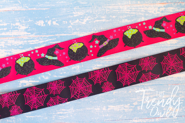 7/8" Glittered Pink Halloween Prints - BY THE YARD