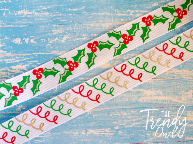 7/8" Christmas Holly & Swirls - BY THE YARD