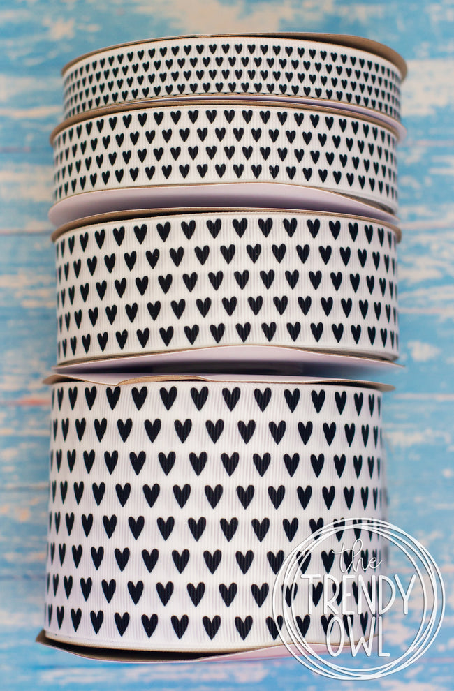 5/8", 7/8", 1.5" & 3" Black/White Hearts - BY THE YARD