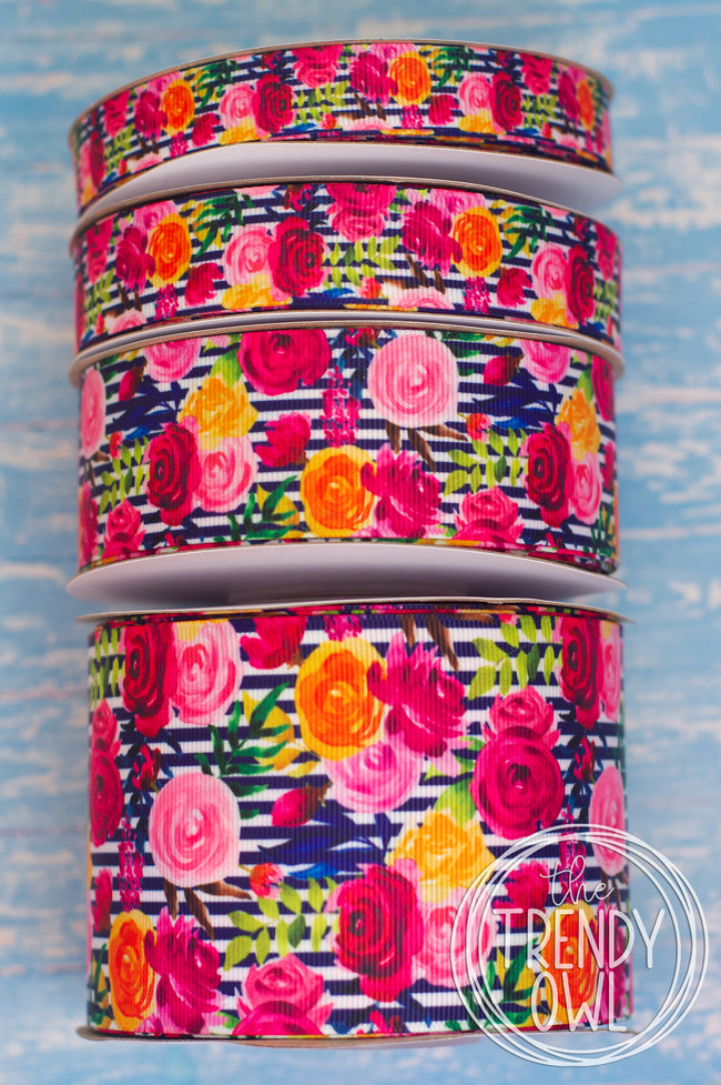 5/8", 7/8", 1.5" & 3" Navy Stripe Floral- BY THE YARD