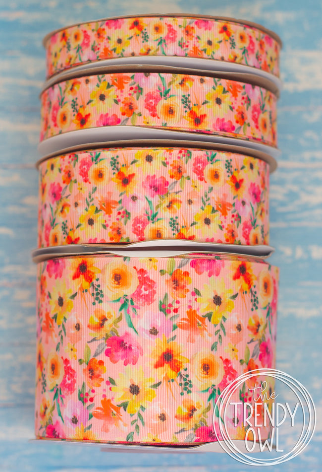 5/8", 7/8", 1.5" & 3" Coral Sunflower Floral- BY THE YARD