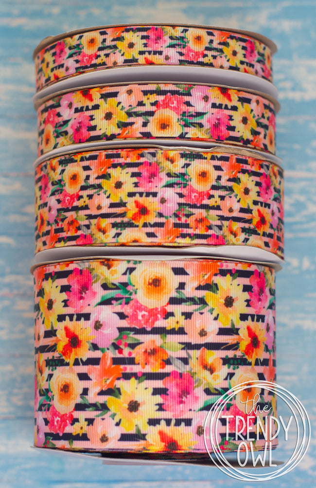 5/8", 7/8", 1.5" & 3" Coral Navy Stripe Sunflower Floral- BY THE YARD