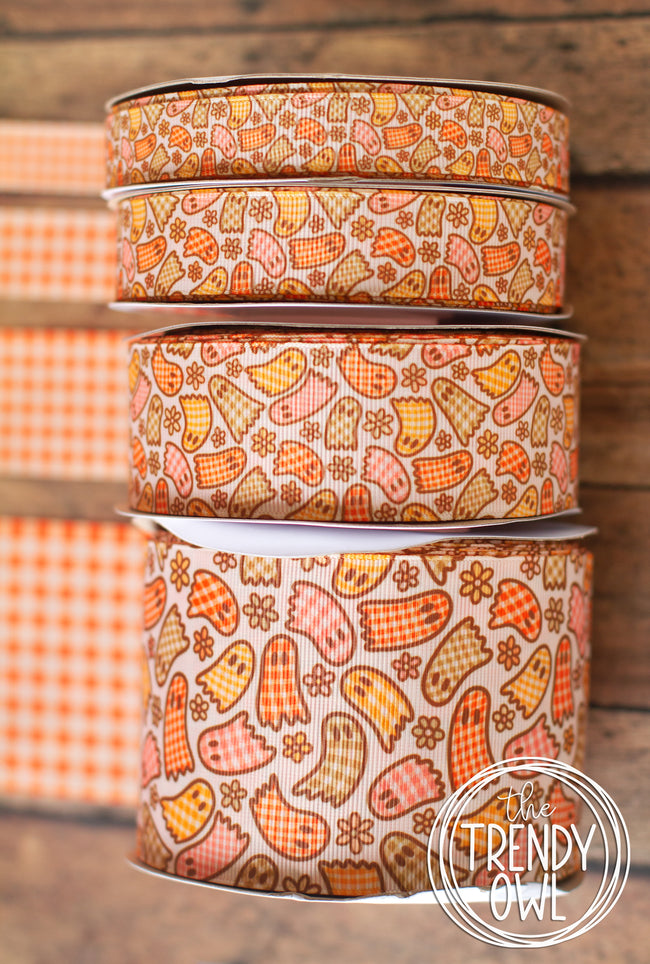 5/8", 7/8", 1.5" & 3" "Fall Gingham Ghosties - Double Sided - BY THE YARD