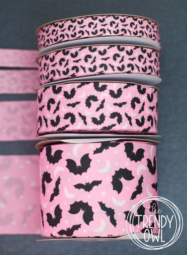 5/8", 7/8", 1.5" & 3" Pink Bats - Halloween Collection - BY THE YARD