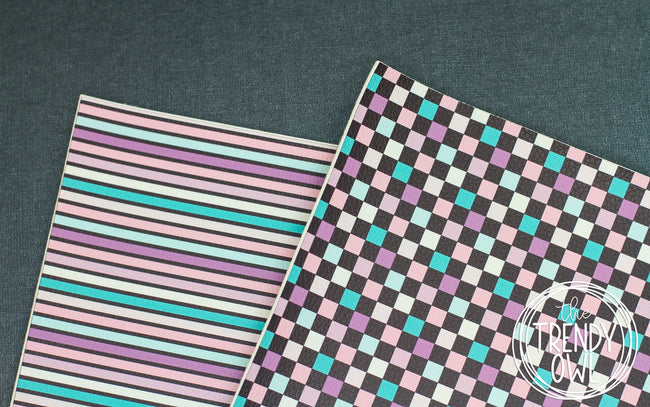 Checkered & Stripes Print - U.S. Designer Litchi/Pebbled Faux Leather Printed Fabric Sheets