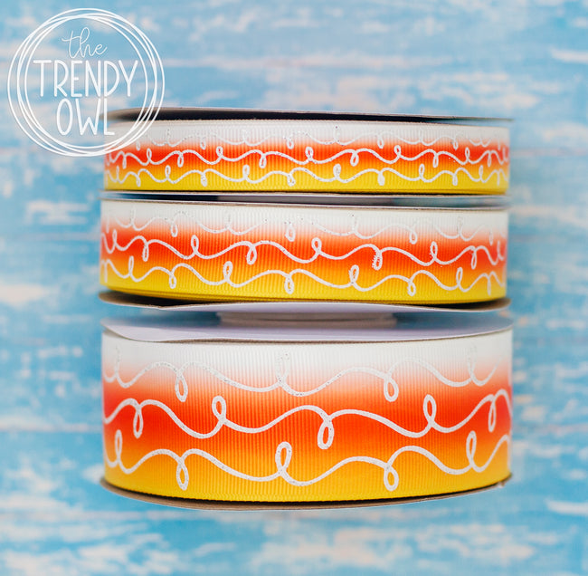 5/8", 7/8", 1.5" White Glitter Doodles - on Candy Corn Ombre - BY THE YARD
