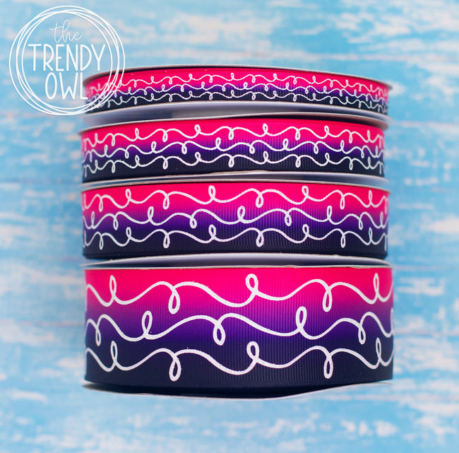 3/8", 5/8", 7/8", 1.5" White Glitter Doodles - on Pink/Purple/Black Ombre - BY THE YARD