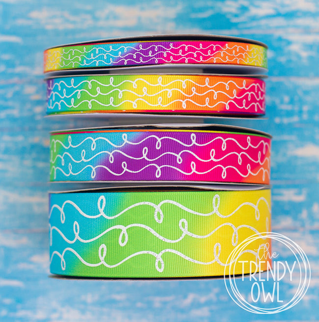 3/8", 5/8", 7/8", 1.5" White Glitter Doodles - on BRIGHT  RAINBOW TIEDYE - BY THE YARD