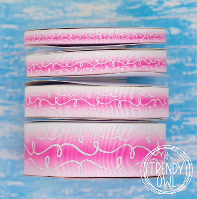 3/8", 5/8", 7/8", 1.5" White Glitter Doodles - on PINK/WHITE OMBRE - BY THE YARD