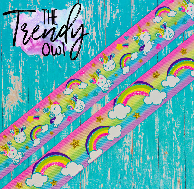 1.5" Unicorns & Rainbows on Pastel Rainbow Stripes Heat Transfer - 3yd cuts