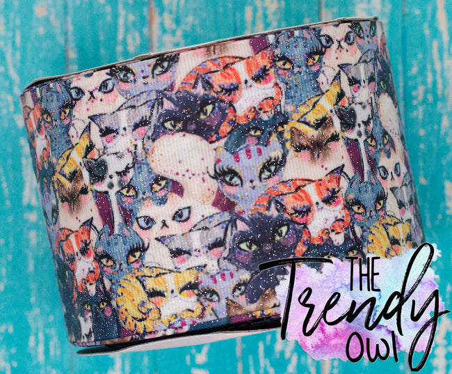 3" Glittered Cat Craze - Heat Transfer Printed - BY THE YARD