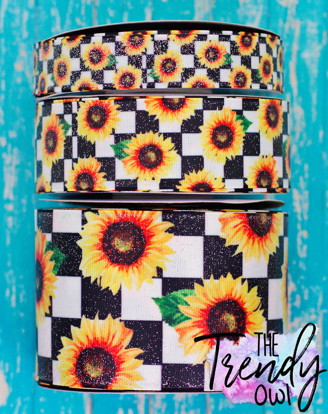7/8", 1.5", & 3" GLITTERED Sunflowers on Checkered Print Heat Transfer - BY THE YARD
