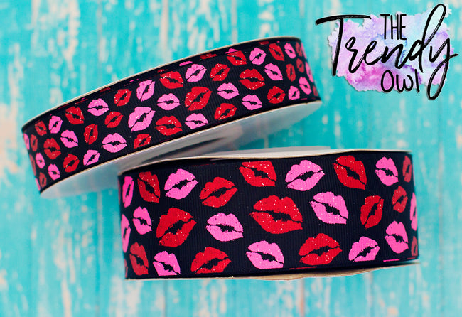 7/8" & 1.5" Glittered Pink & Red Kisses on Black - BY THE YARD