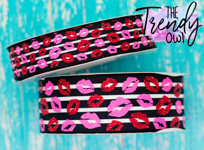 7/8" & 1.5" Glittered Pink & Red Kisses on Black & White Stripes Heat Transfer - BY THE YARD