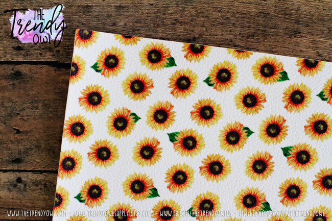 "Sunflowers on White" - U.S. Designer Litchi/Pebbled Faux Leather Printed Fabric Sheets