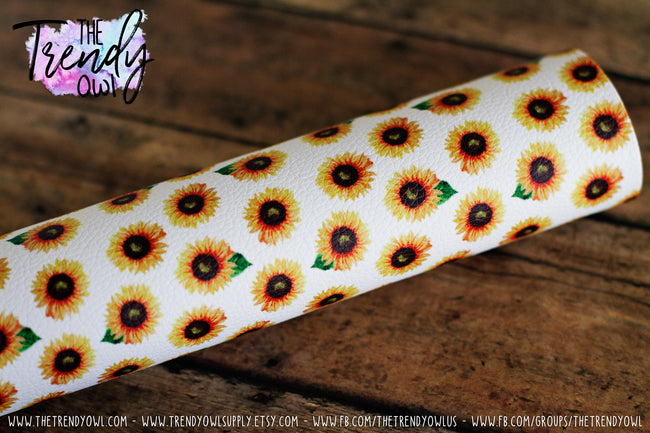 "Sunflowers on White" - U.S. Designer Litchi/Pebbled Faux Leather Printed Fabric Sheets