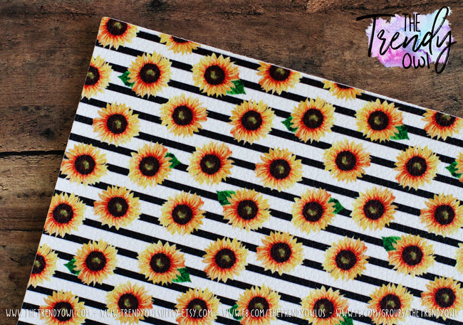 "Sunflowers on Black Stripes" - U.S. Designer Litchi/Pebbled Faux Leather Printed Fabric Sheets