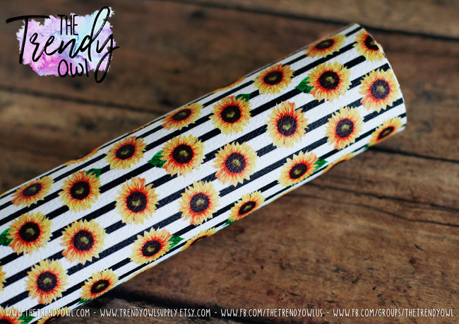 "Sunflowers on Black Stripes" - U.S. Designer Litchi/Pebbled Faux Leather Printed Fabric Sheets