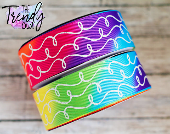 1.5" White Glitter Doodles on Bright Rainbow Tie Dye Heat Transfer- BY THE YARD