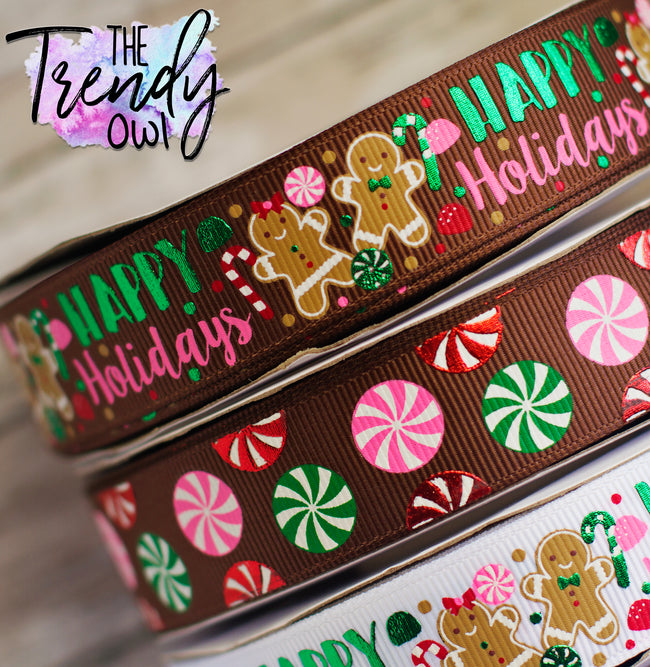 7/8" Happy Holidays Gingerbread & Christmas Candy - BY THE YARD