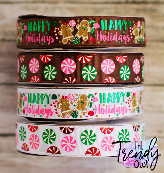 7/8" Happy Holidays Gingerbread & Christmas Candy - BY THE YARD