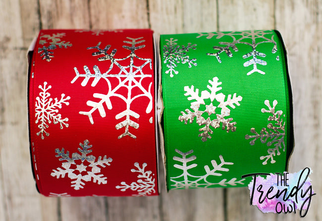 3" Silver Holographic Foil Snowflakes on Red & Emerald Green - BY THE YARD