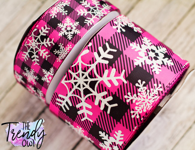 1.5" & 3" White Glitter Snowflakes on Pink Buffalo Plaid Heat Transfer - BY THE YARD