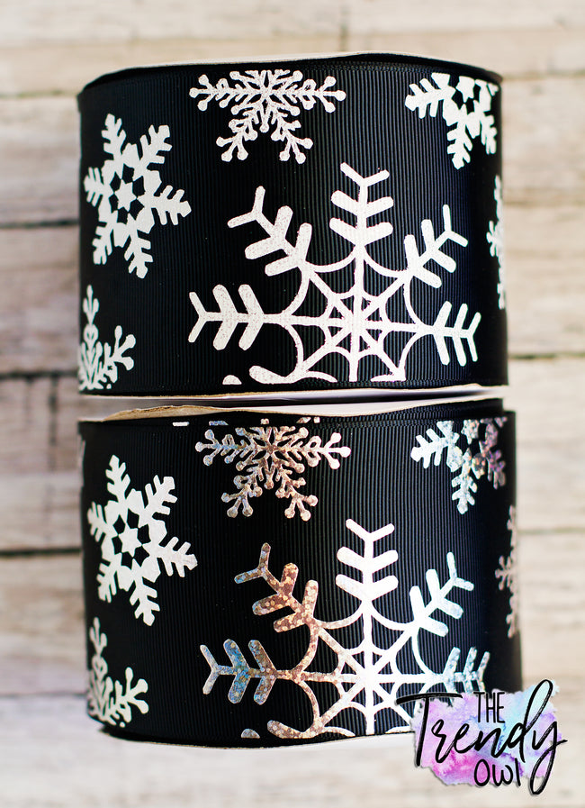 3" White Glitter & Silver Holographic Foil Snowflakes on Black - BY THE YARD