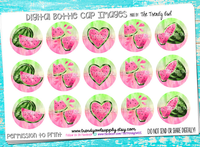 Pink Watercolor Watermelons - 1" Bottle Cap Images - INSTANT DOWNLOAD